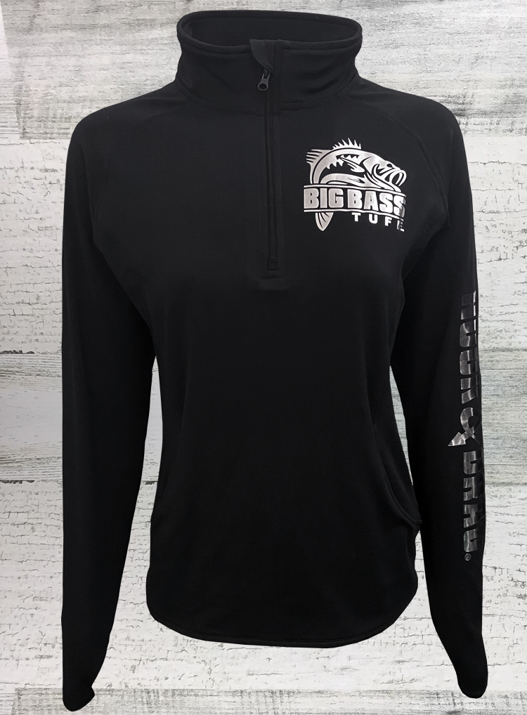 Big Bass Tuff Sport-Tek® Ladies Sport-Wick® Stretch 1/2-Zip Pullover - Black - with THUMB HOLES - Metallic Silver Print