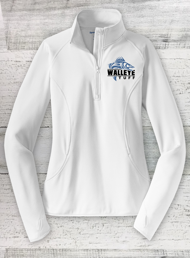 Walleye Tuff Sport-Tek® Ladies Sport-Wick® Stretch 1/2-Zip Pullover - White- with THUMB HOLES