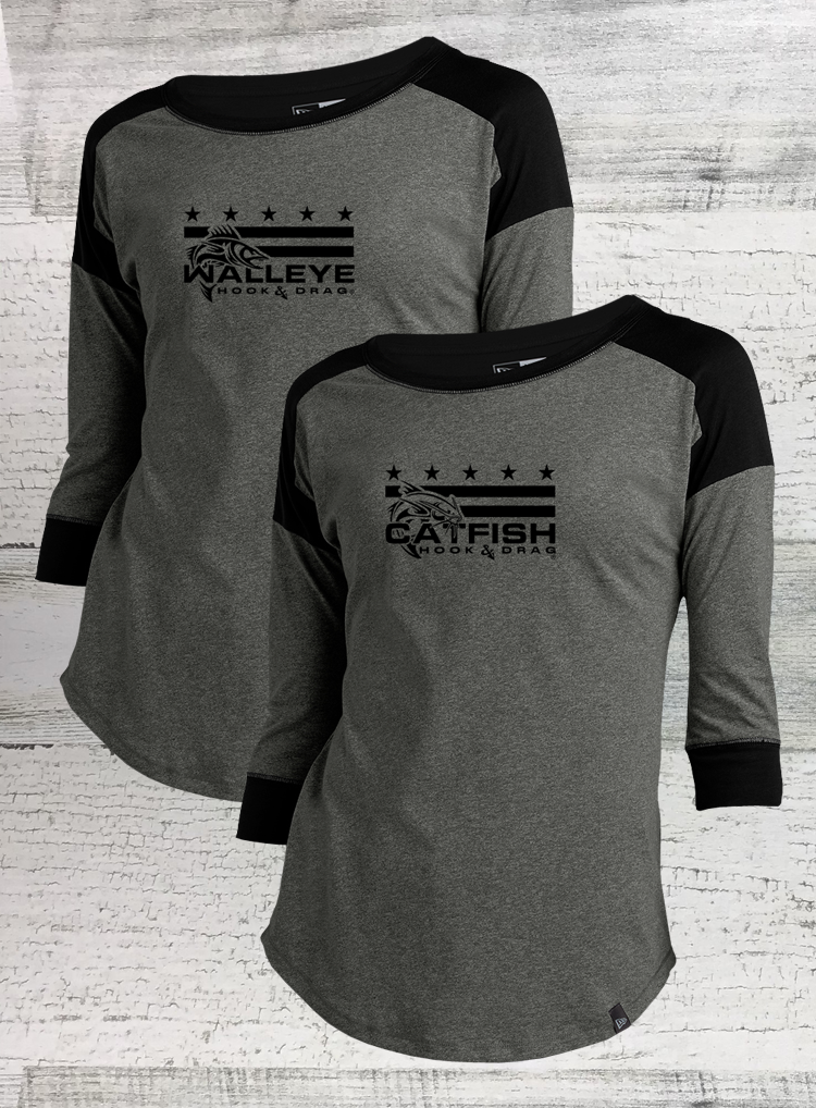 HD Fish -  Mericana -Ladies Heritage Blend Black Twist 3/4-Sleeve Baseball Raglan Tee - Catfish, Walleye, Crappie, Bass