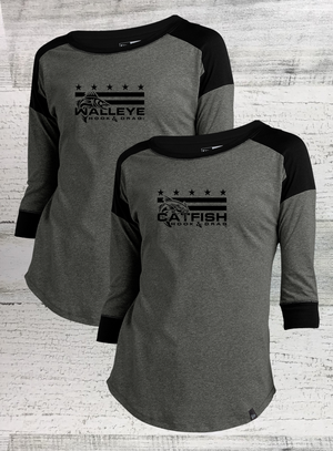 HD Fish -  Mericana -Ladies Heritage Blend Black Twist 3/4-Sleeve Baseball Raglan Tee - Catfish, Walleye, Crappie, Bass