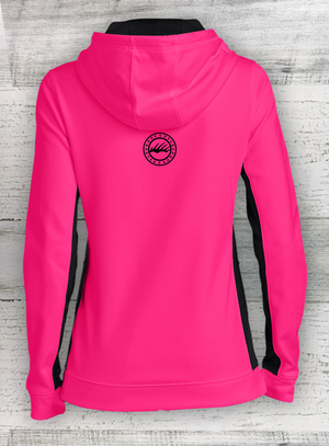 Catfish Tuff Modern Retro Neon Pink/Black Ladies Sport-Wick® Fleece Colorblock Hooded Pullover